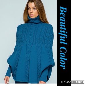 Beautiful Blue Color Cape Cable Knit Sweater